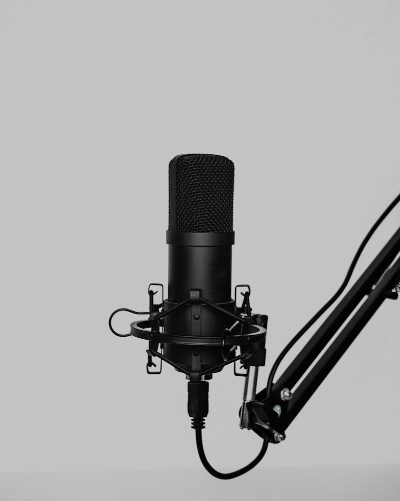 A studio condenser microphone in a shock mount on a boom arm
