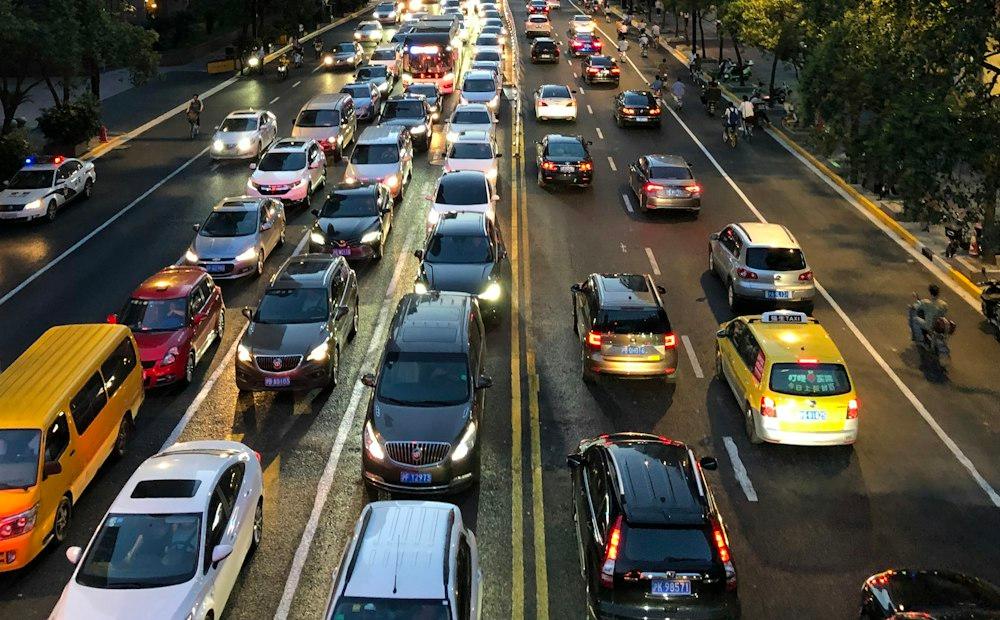 Busy city traffic on a multi-lane road